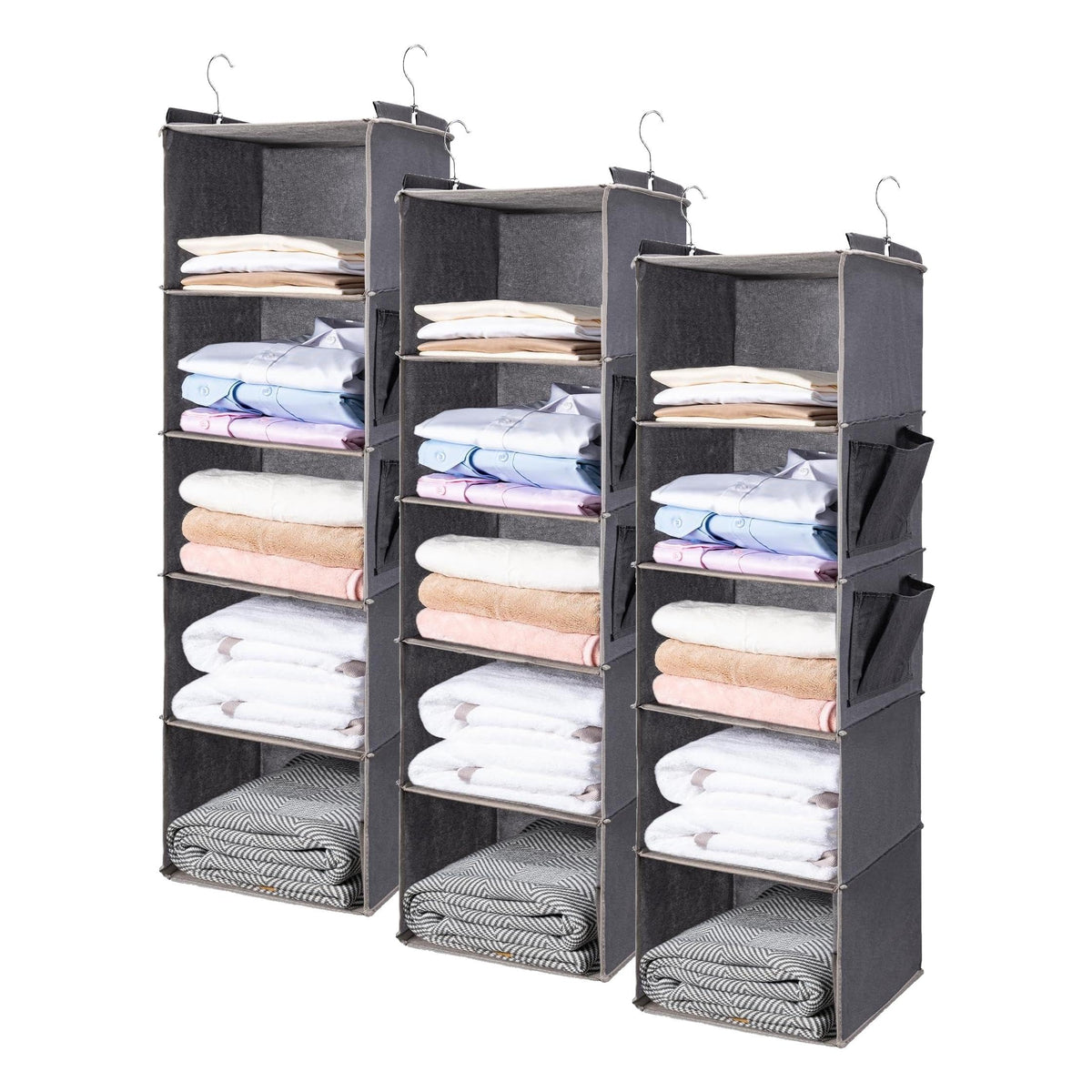 BOOMIBOO Hanging Closet Organize and Shelves，5-Hanging Shelf with 2 Side Pockets，Storage Foldable （Grey）