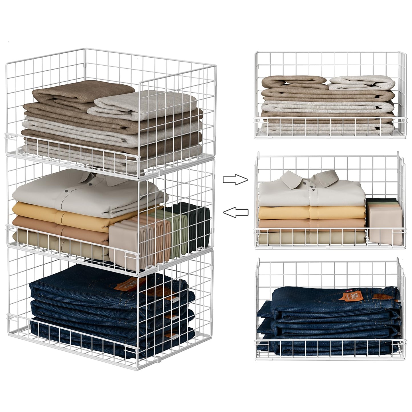 Yociyoga 5-Tier Stackable Closet Organizers and Storage Basket - Foldable Closet Shelf Organizer System, Space-Saving Clothes Storage Bins Drawer Organizer for Wardrobe, White (Patent 30022416)