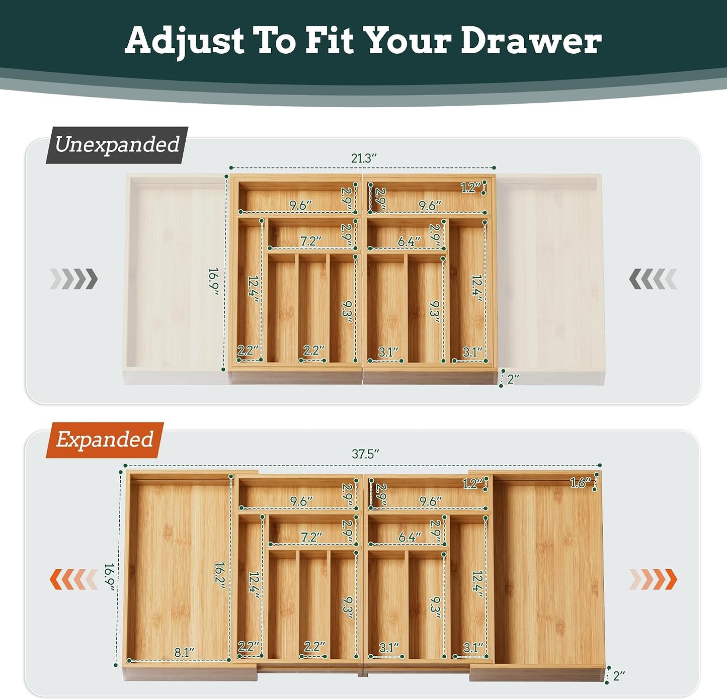 Silverware Organizer Large, Magnetic Connected Expandable 13 Slots Silverware Drawer Organizer From 21 to 37.4 Inches, Adjustable Flatware and Cutlery Holder, Bamboo Utensil Tray for Kitchen Natural