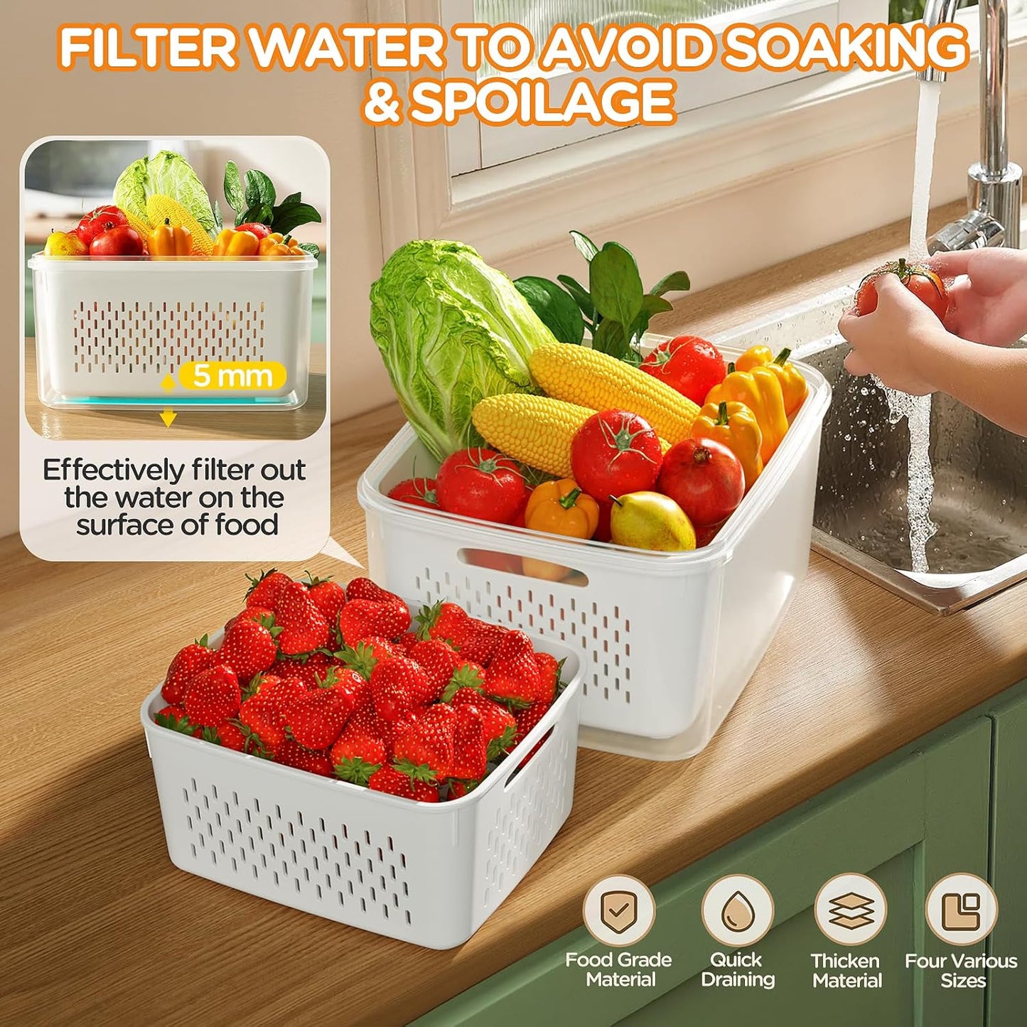 5-Pack Fruit Storage Containers for Fridge with Removable Colanders, 4 in 1 Produce Storage Containers with Lids, Leakproof Fridge Organizer Bins for Salad Berry Lettuce Vegetables Meat Keeper Fresh