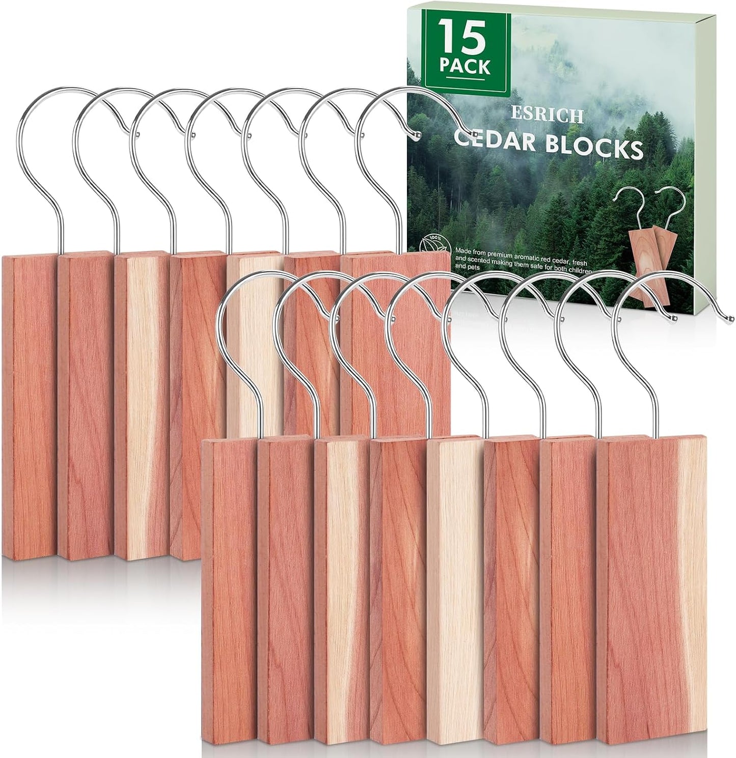 ESRICH Cedar Blocks for Clothes Storage, 15Pack with Metal Hooks