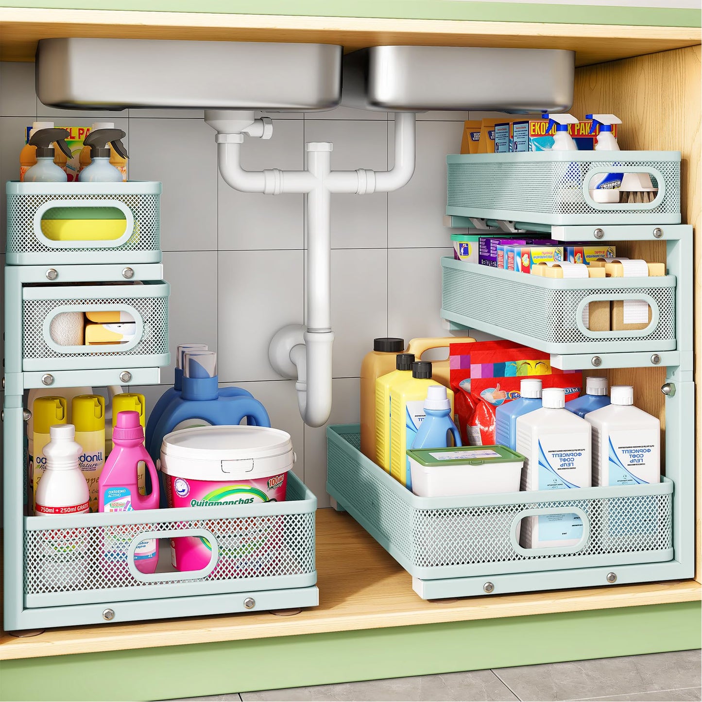 Kitstorack Under Sink Organizer, 2-Pack 3-Tier Height Adjustable Thickened Metal Pull out Cabinet Organizer Shelf, Slide out Storage Drawer Rack for Bathroom Kitchen Pantry Home Laundry Organization