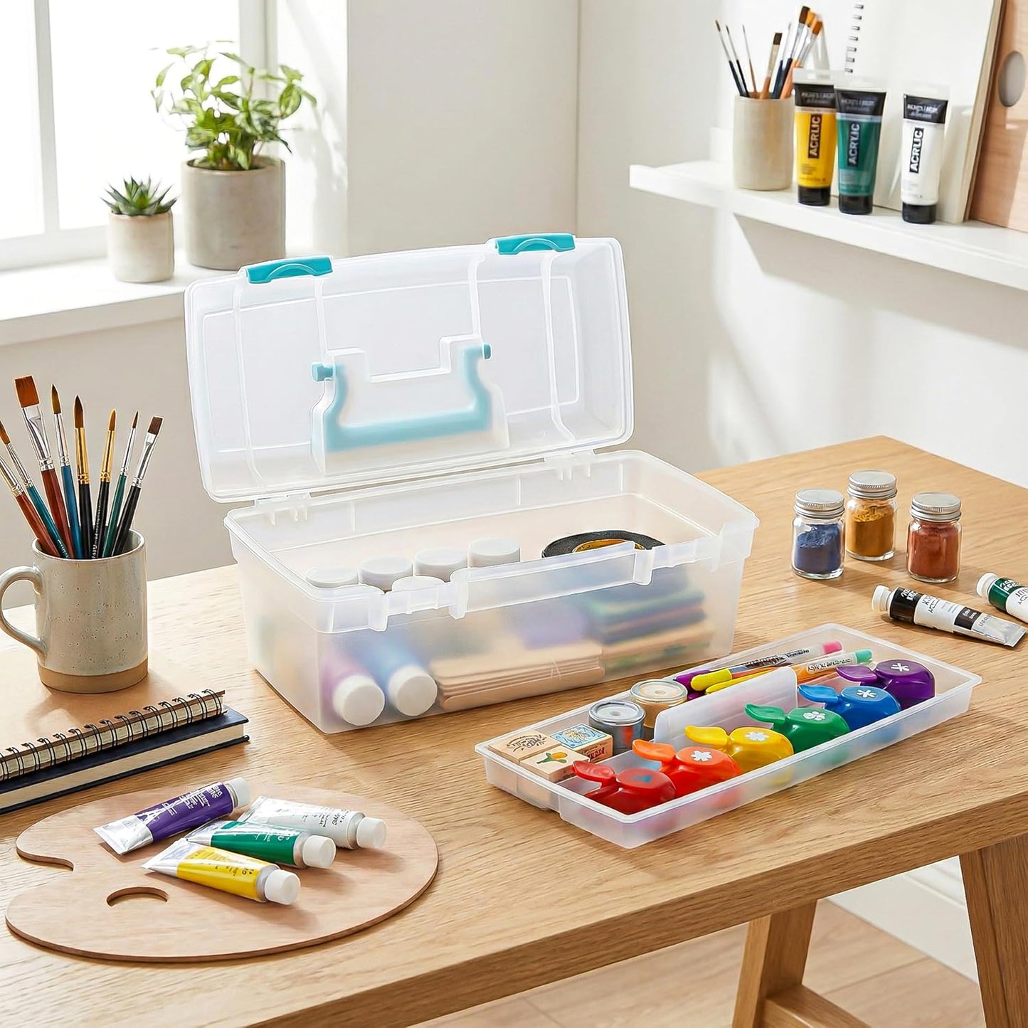 ArtBin Essentials Lift-Out Tray Craft Box with Handle, Clear/Aqua