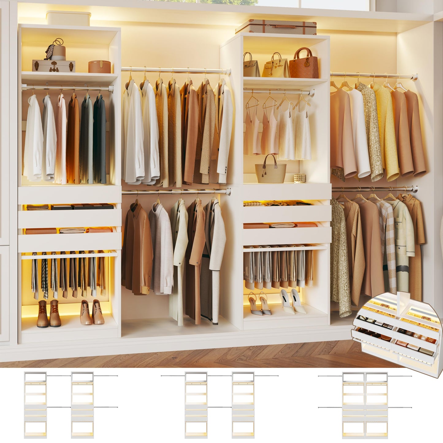 Closet System, 4-8FT Closet Organizer with 3 Wood Drawers & Glass Top, 102'' Walk in Closet with 5 Hang Rods & LED Lights & Trouser Rack, Built-in Wardrobe Clothes Rack with Shelves and Tower, White