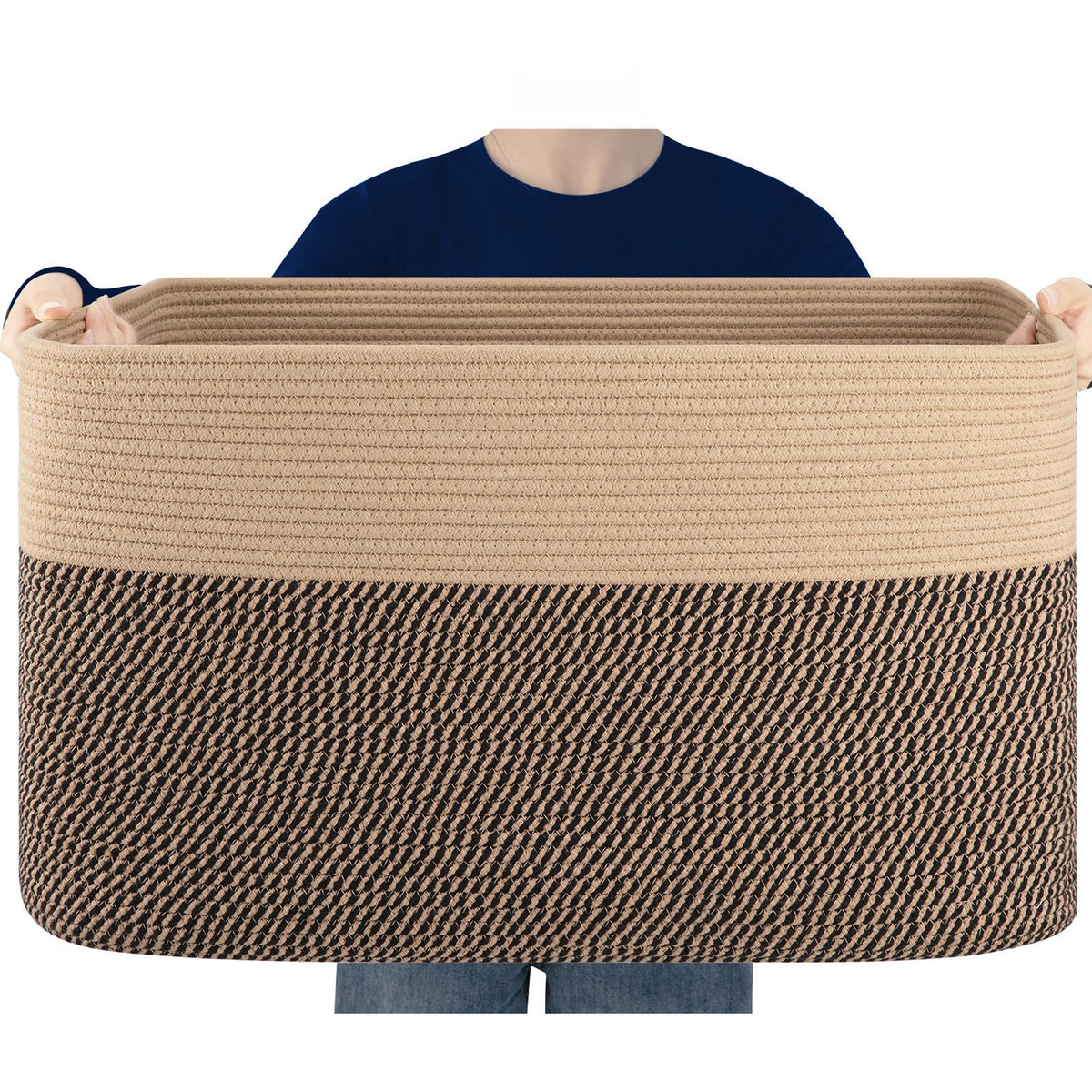 75L Large Cotton Rope Basket, Soft Toy Storage Bin for Nursery & Living Room, Decorative Blanket Basket for Bedroom, Baby-Safe Organizer for Pillows &Laundry, 22''×17''×12'', Brown and White