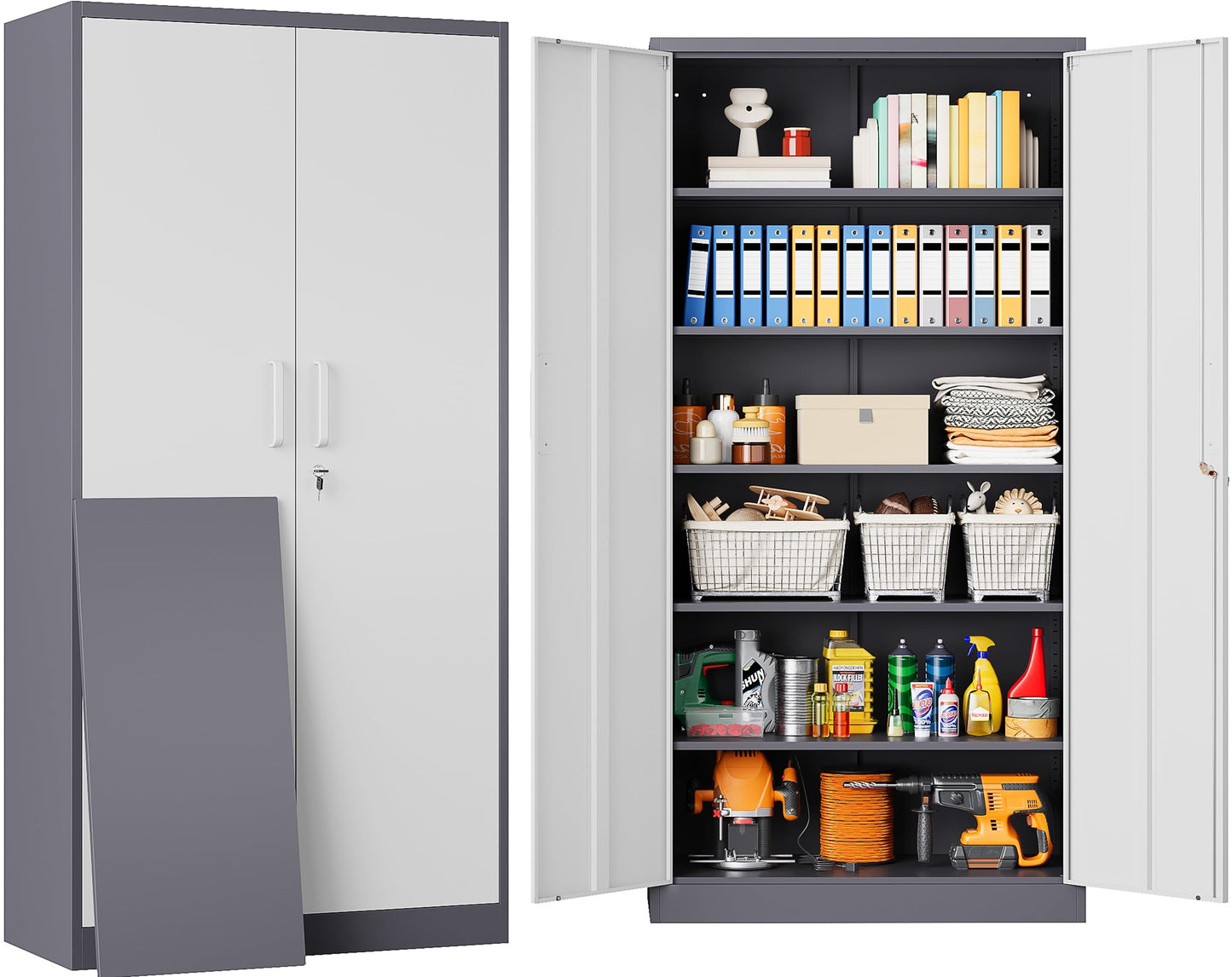 Wide & Deep Metal Storage Cabinet with Hanging Rod,Black Broom Closet Storage Cabinet with Lock,72" Tall Wardrobe Cabinets with Doors and Shelves,Locking Steel Tool Cabinets for Home,Office,Garage