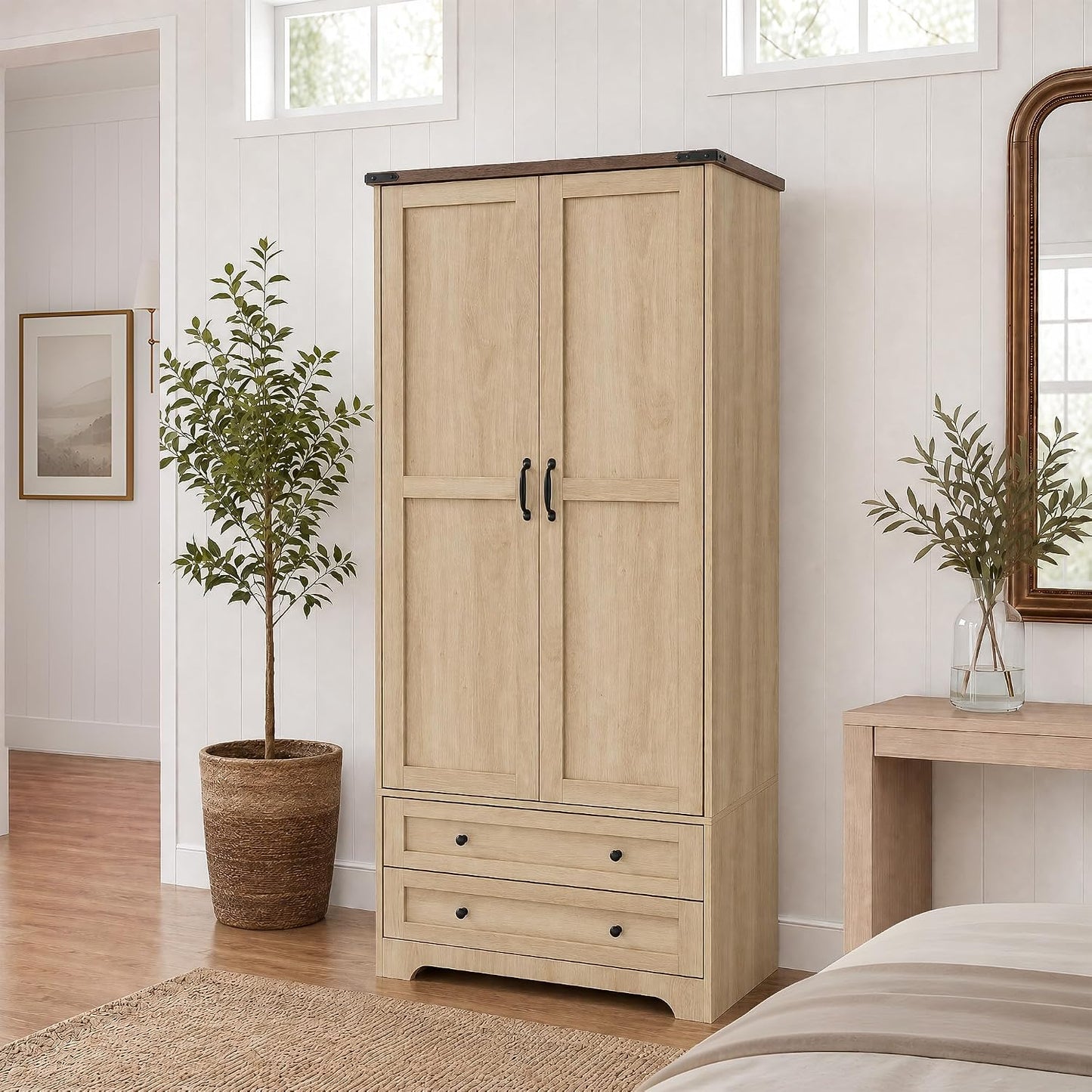 Yechen 71" Wooden Armoire Wardrobe Closet with 2 Doors & 2 Drawers, Natural
