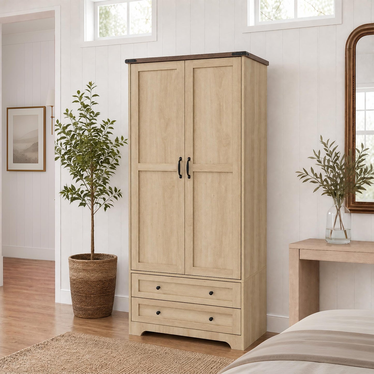 Yechen 71" Wooden Armoire Wardrobe Closet with 2 Doors & 2 Drawers, Natural