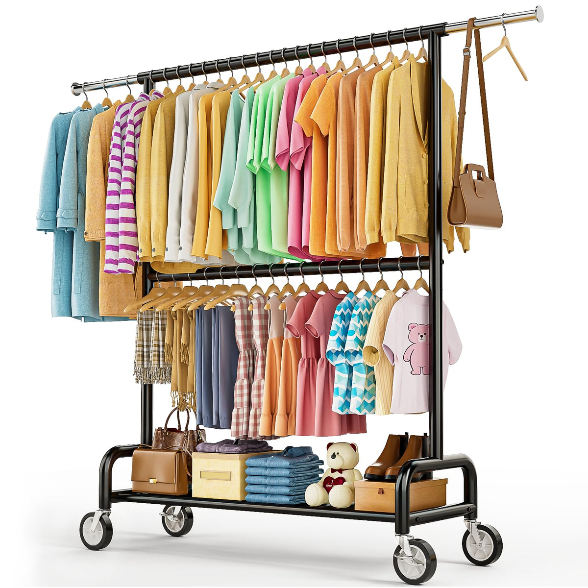 Heavy Duty Clothes Rack Load 960LBS, Three Rods Rolling Clothing Racks for Hanging Clothes, Rolling Garment Rack With Sturdy Wheels Shelves Hooks, Portable & Adjustable Commercial Garment Rack, Silver