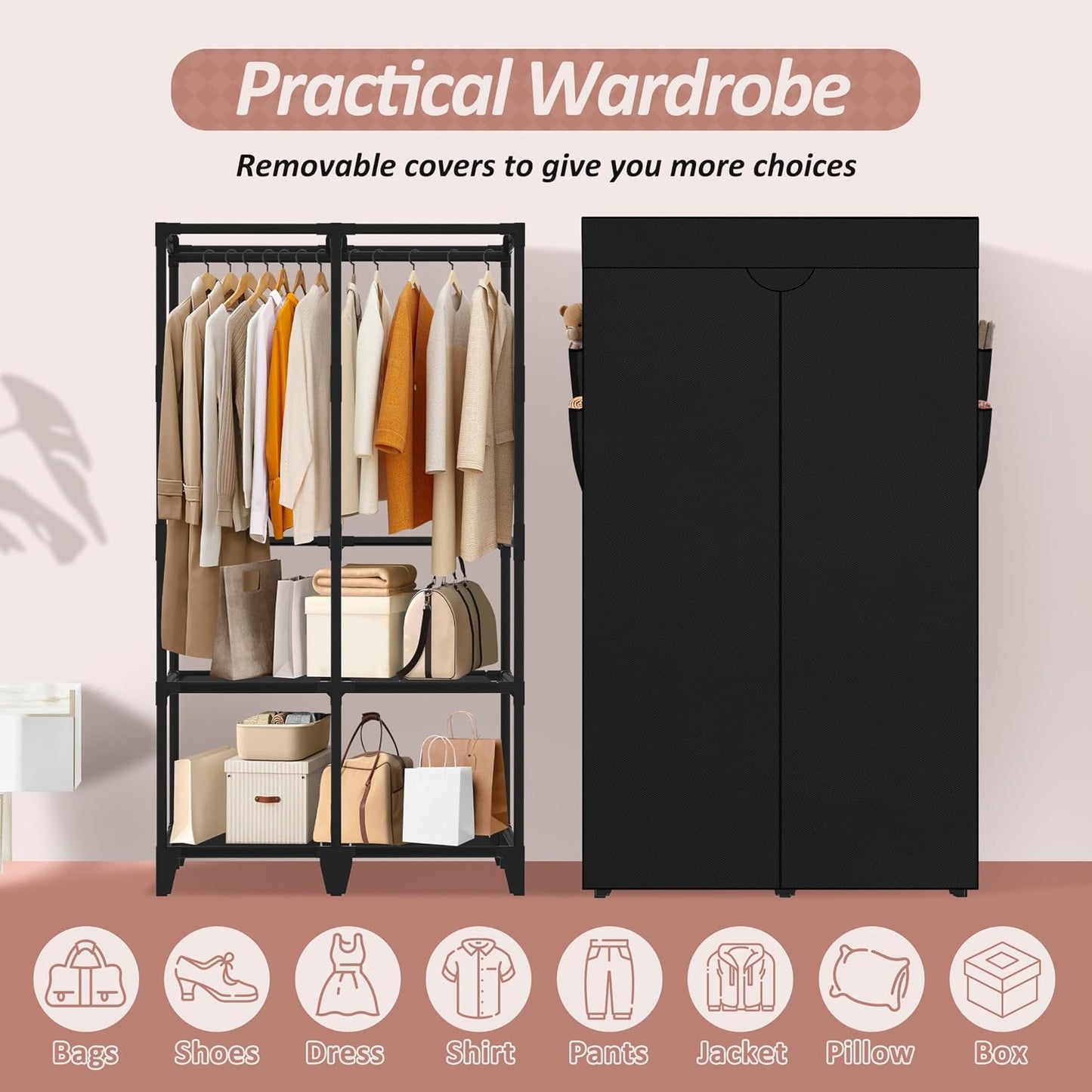Wardrobe Closet, Quick and Easy Assembly, Black Portable Closet