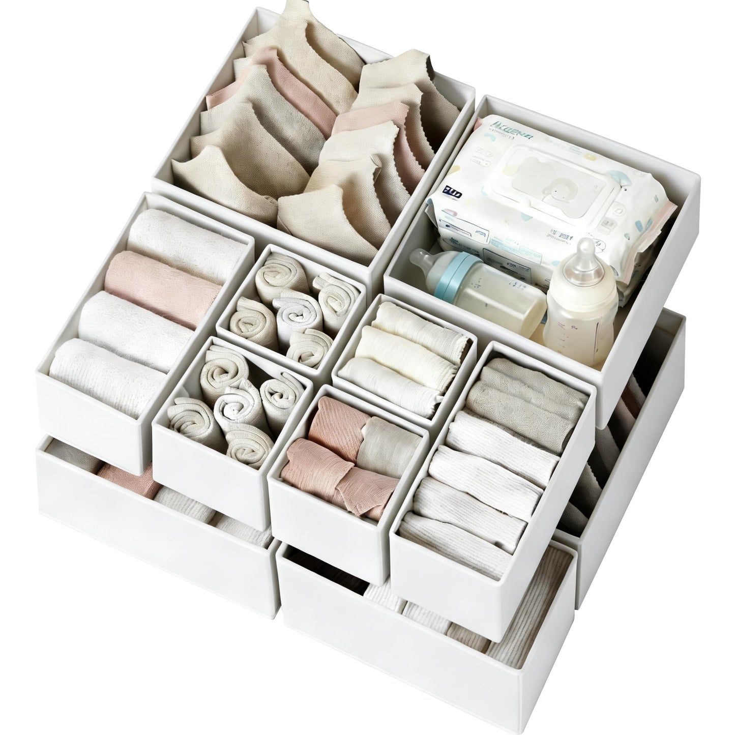 Criusia Drawer Organizer Clothes 12 Pack, Dresser Organizer for Nursery Bedroom Closet Organization and Storage - Baby Clothes Organizer Bins - Drawer Divider for Sock Underwear Bra Ties (Grey)