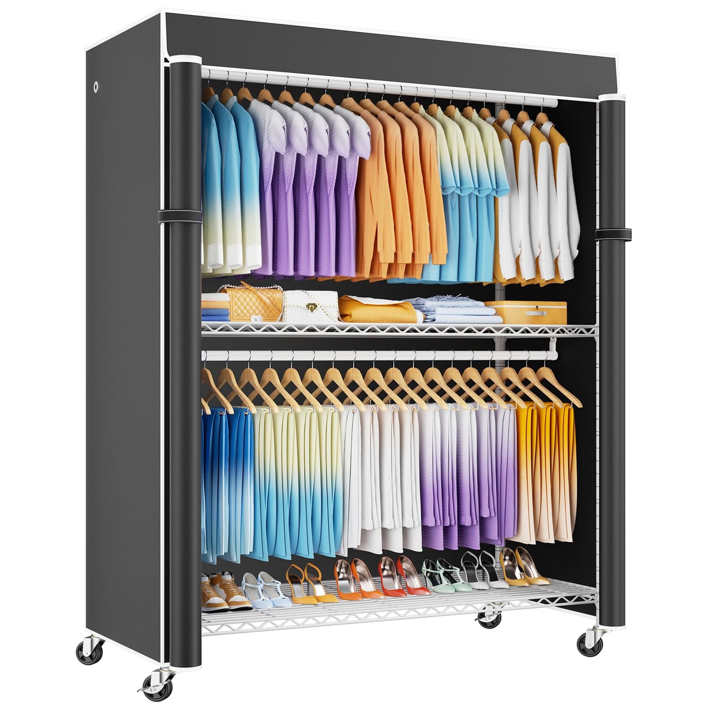 ULIFHOME P8C Max Heavy Duty Clothes Rack（With Extended Width Design） Rolling Clothing Racks for Hanging Clothes with Lockable Wheels，51.2"W x 15.8"D x 80.5"H，Load 800LBS，Black Rack with Black Cover