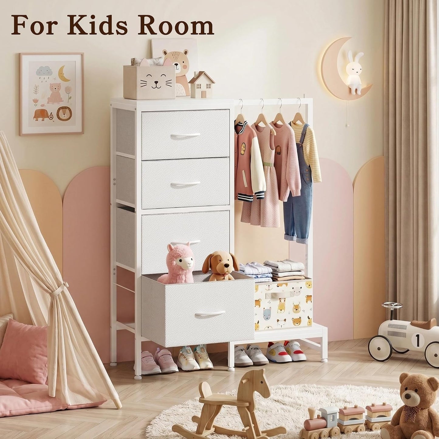 HIGDBFE Tall Dresser 44''H with Hanging Rack, 4 Drawers Small Closet Dresser for Bedroom, Reversible Fabric Chest of Drawers with Clothes Rack, Tall Storage Tower, Sturdy Frame, White