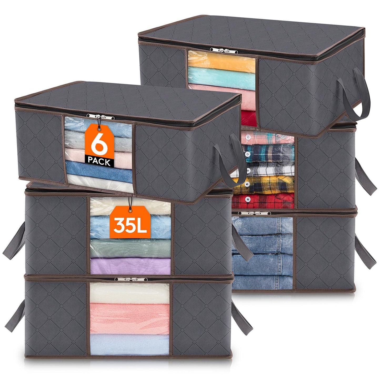 Lifewit 6 Pack Clothes Storage Bins with Lids, Foldable Blanket Storage Bags with Zippers, Clear Window and Reinforced Handles, Closet and Organization for Clothing, Sweater, Comforter, Bedding