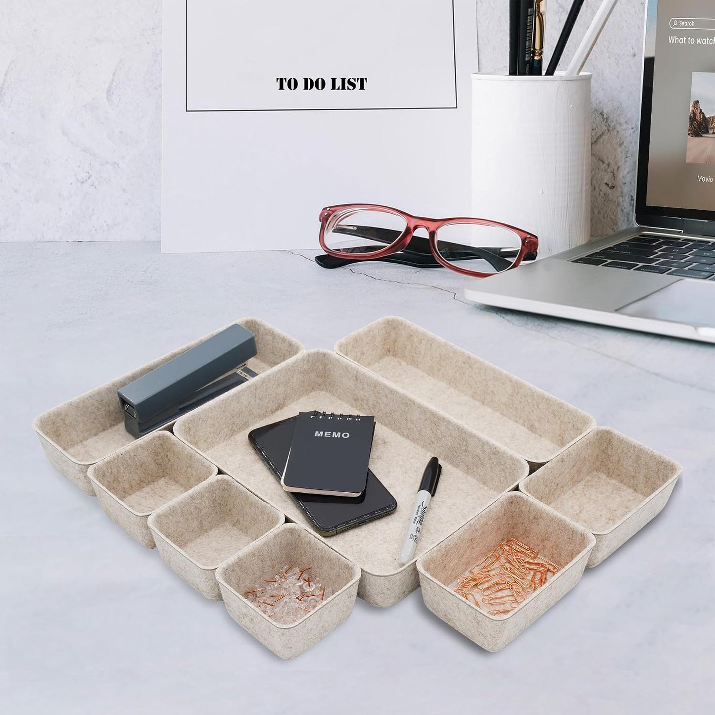 Welaxy 8pc Nordic Felt Desk Drawer Organizer Tray Beige Oatmeal Storage Bin
