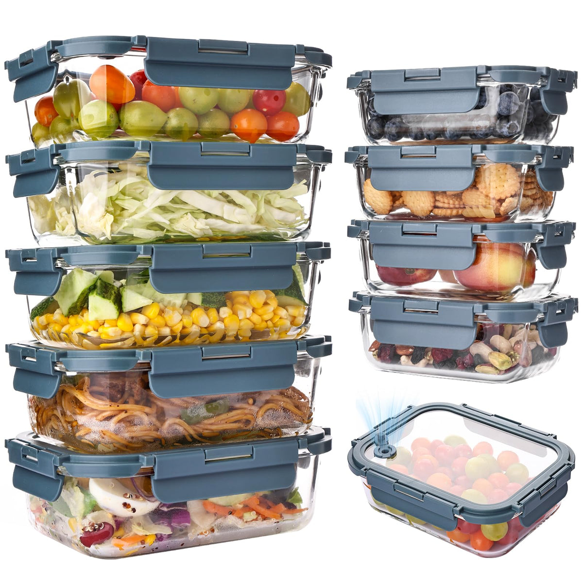 Liuruiyu Glass Food Storage Containers with Lids, 8 Pack Meal Prep Containers, Airtight Bento Boxes with Leak Proof Locking for Microwave, Oven, Freezer and Dishwasher, BPA Free（5oz to 36oz）