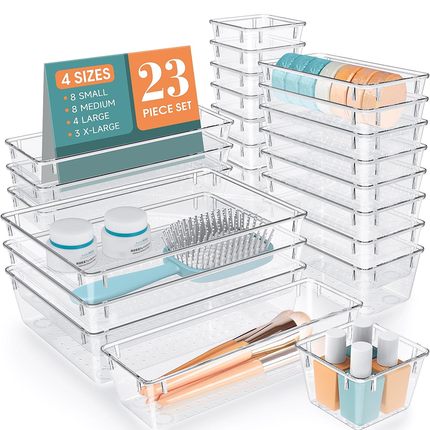 StorMiracle 28 PCS Clear Plastic Drawer Organizers Set, 4 Size Desk Drawer Organizer Trays for Makeup, Jewelry, Kitchen Utensils, Gadgets and Office Accessories
