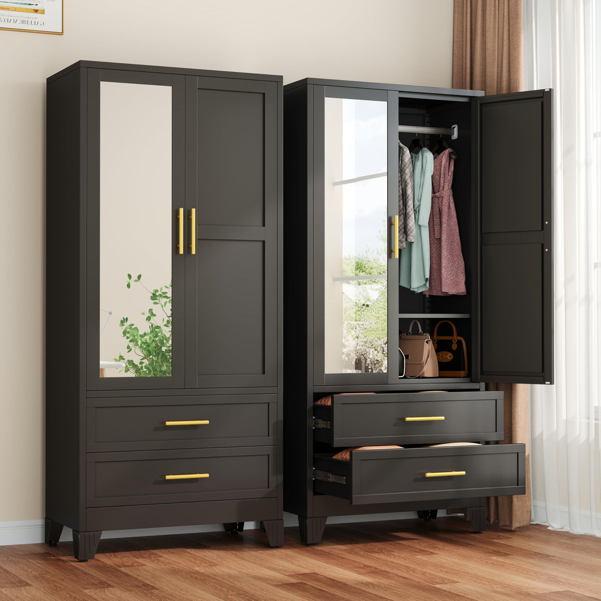Metal Armoire Wardrobe Closet, 71" Clothing Storage Cabinet with Mirror