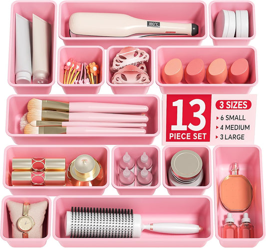 Canfanni 13 Pack Plastic Drawer Organizers Set, 3 Sizes Desk Drawer Organizer Trays for Vanity and Makeup Organizer, Organization and Storage for Makeup, Kitchen Utensils, Bathroom and Office(Pink)
