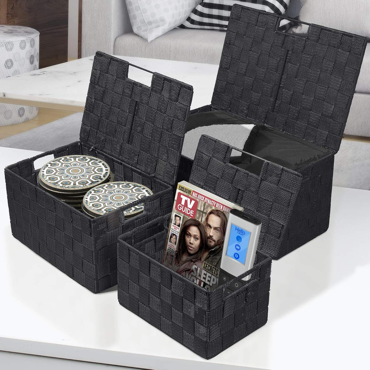 Sorbus Storage Basket with Lid, 3-Piece Woven Set for Shelves (Black)