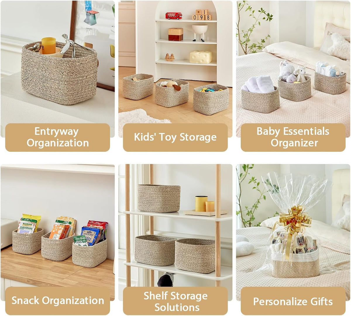 R RUNKA Small Cotton Rope Basket – Storage Bin for Organizing (10.6" x 6.7" x 6.7"), Bathroom Storage Basket for Shelf, Counter & Closet（Beige）