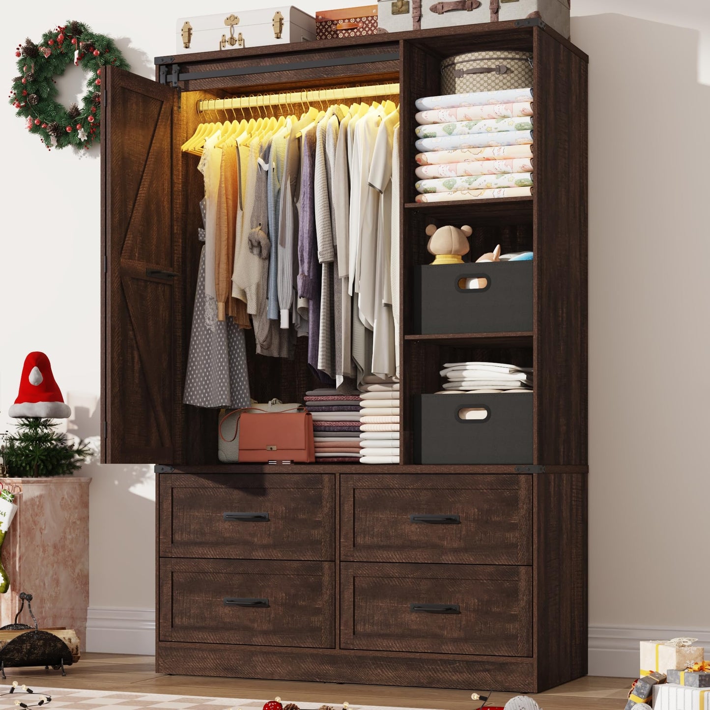 Farmhouse 4 Doors Armoire Wardrobe Closet w/Folding Sliding Barn Door and Lights, LED Armoire Closet w/Drawers for Bedroom, Freestanding Wooden Wardrobe Storage Closets w/Hanging Rod,Antique White