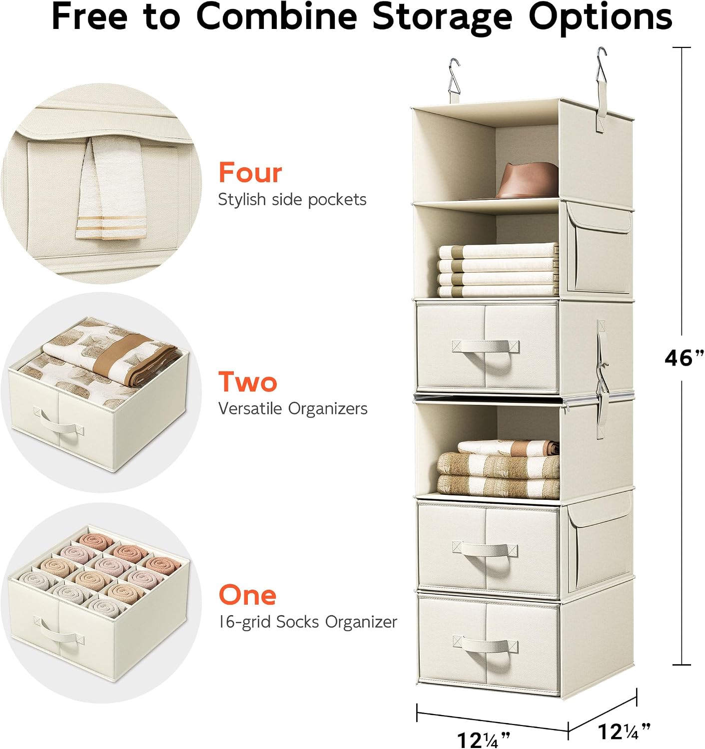 6-Shelf Hanging Closet Organizer with 3 Drawers, 2-in-1 Design, Beige