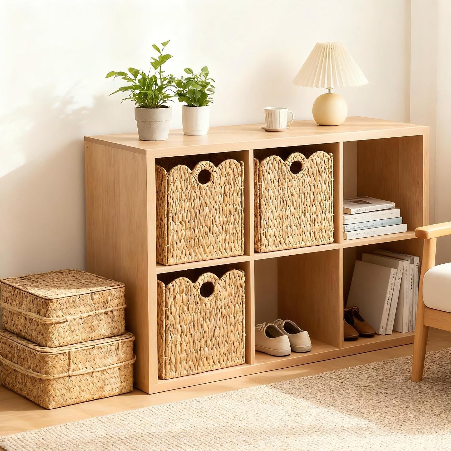 Scalloped Wicker Storage Cubes Basket, 12”x12“ Heavy Duty Paper rope/Hyacinth/Seagrass Baskets for Shelves, Foldable Natural Boho Square Bins (Water Hyacinth&10.5 x 10.5 x 10.5in&4-Pack)