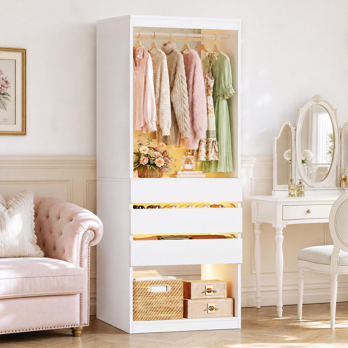 Closet System, 4-8FT Closet Organizer with 3 Wood Drawers & Glass Top, 102'' Walk in Closet with 5 Hang Rods & LED Lights & Trouser Rack, Built-in Wardrobe Clothes Rack with Shelves and Tower, White