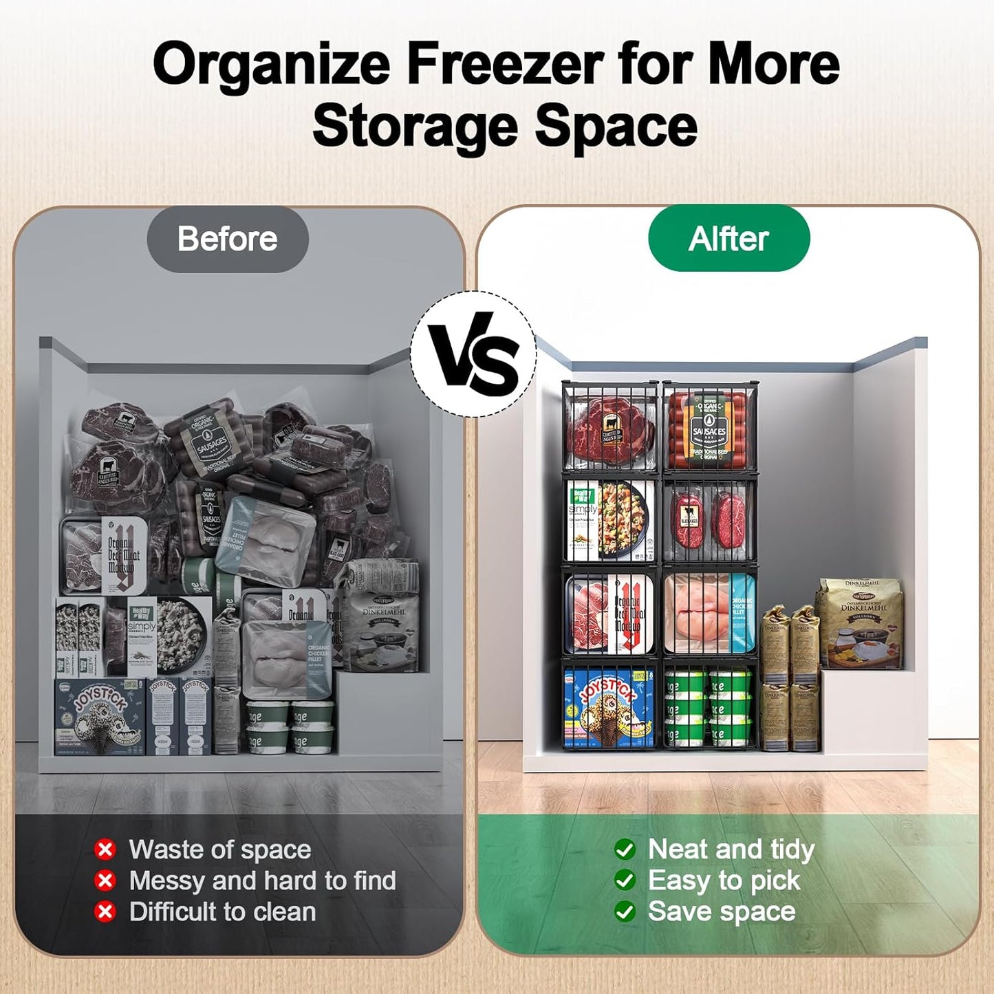 Freezer Organizer Bins, 4 Pack Big Baskets for 5/ 7 Cu.FT Deep Freezer