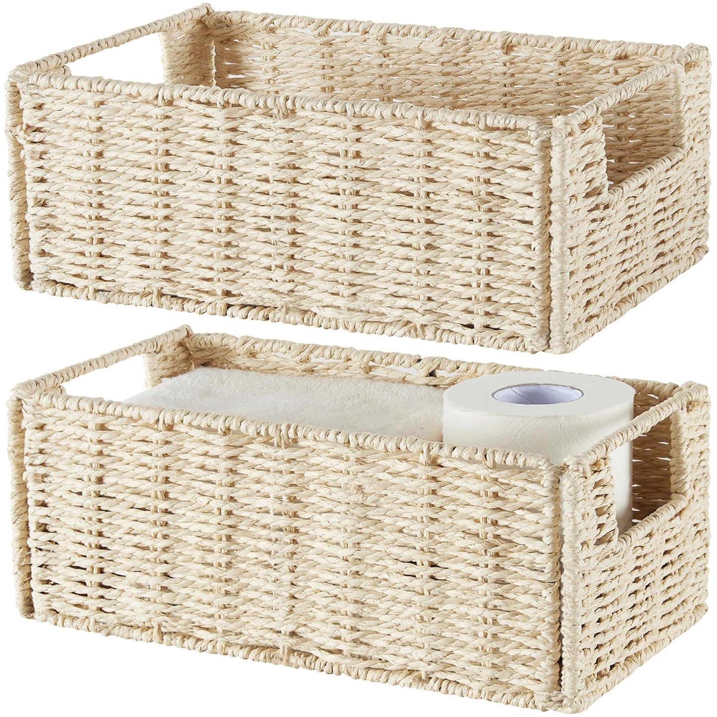 Vagusicc Wicker Storage Basket, Set of 2 Hand-Woven Paper Rope Wicker Basket, Small Storage Baskets for Organizing Toilet Paper Basket, Foldable Large Cube Storage Organizer Bins for Shelves (Natural)