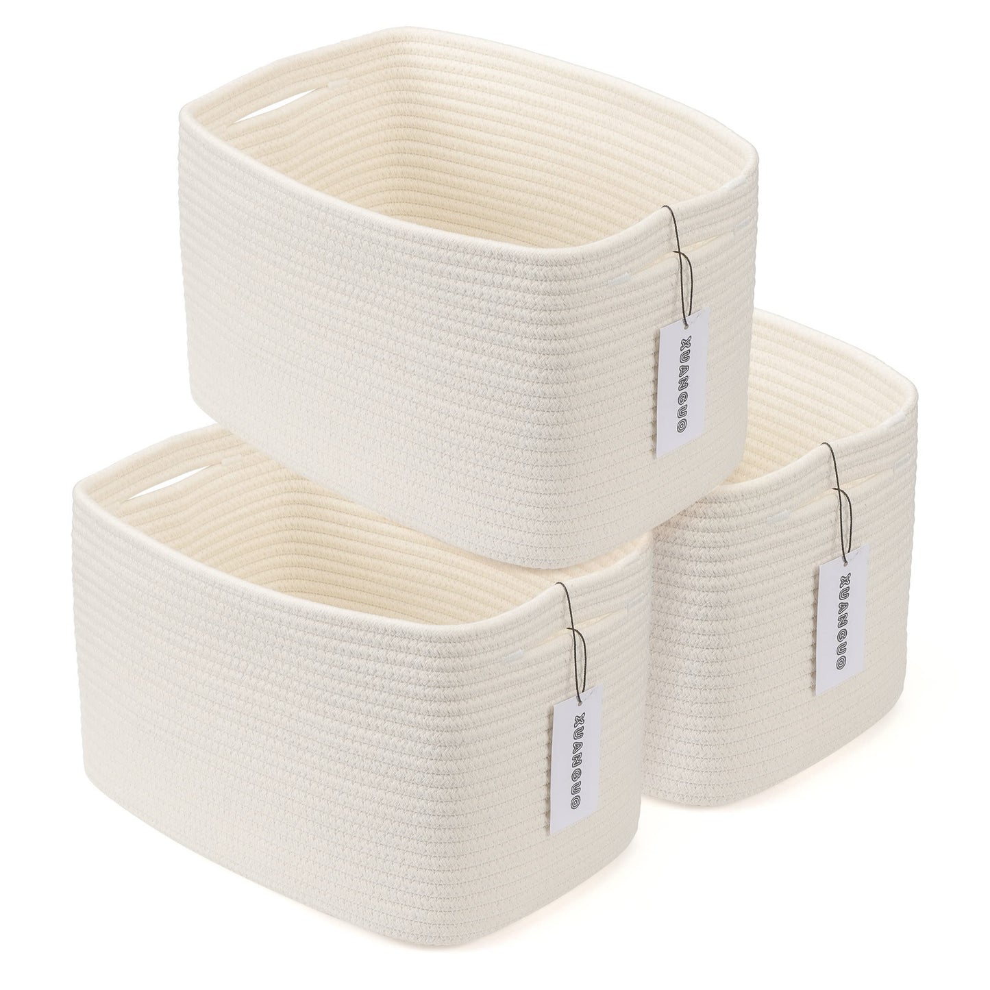 XUANGUO Woven Cotton Rope Storage Baskets 15x10x9.3" 3 Pack White and Brown