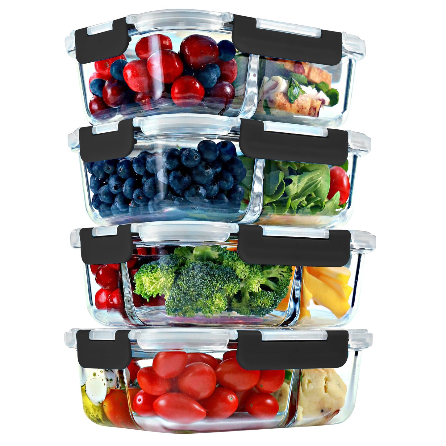 Glass Meal Prep Containers 2 and 3 Compartments, Leak-Proof, 32 oz, 4 Pack