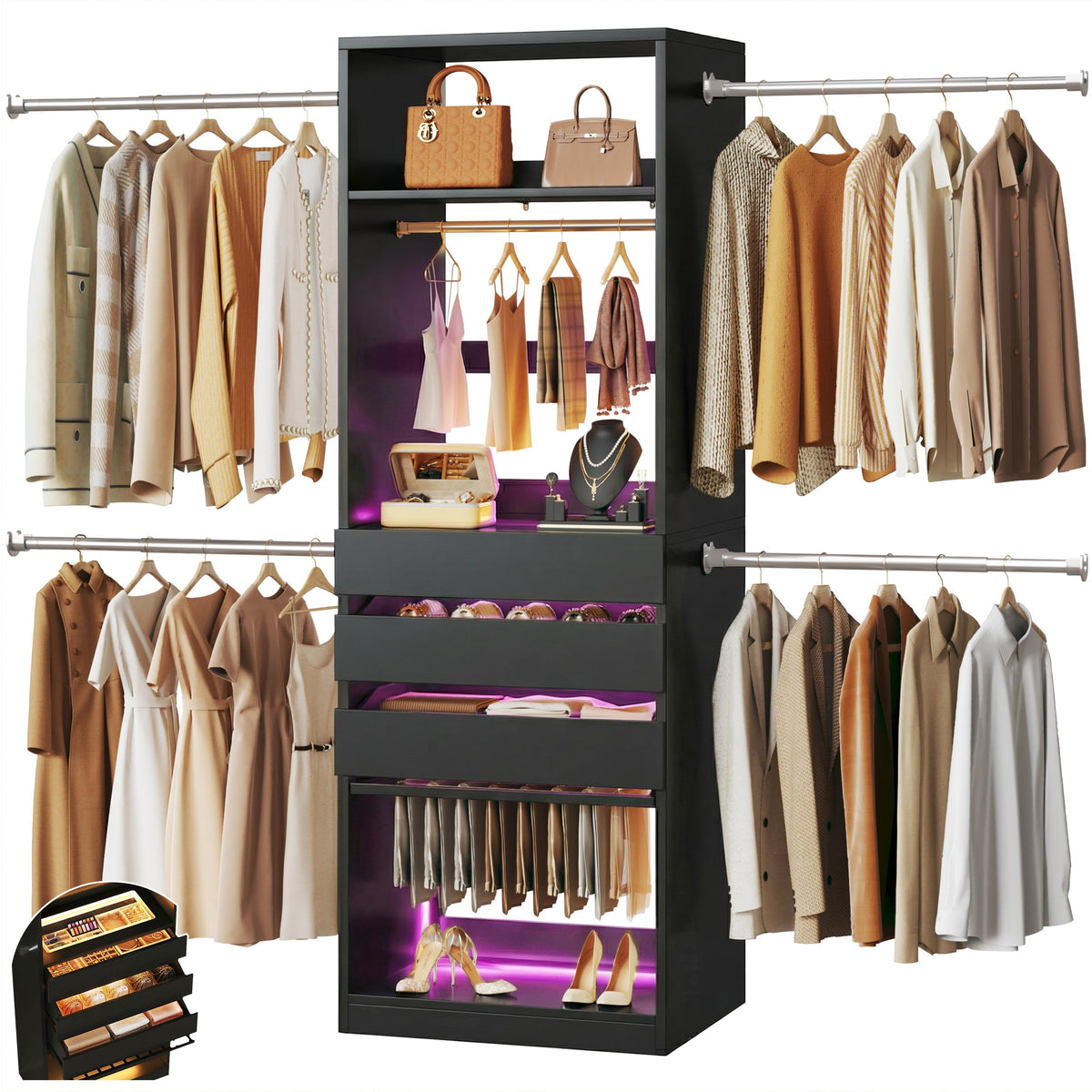 Closet System, 4-8FT Closet Organizer with 3 Wood Drawers & Glass Top, 102'' Walk in Closet with 5 Hang Rods & LED Lights & Trouser Rack, Built-in Wardrobe Clothes Rack with Shelves and Tower, White