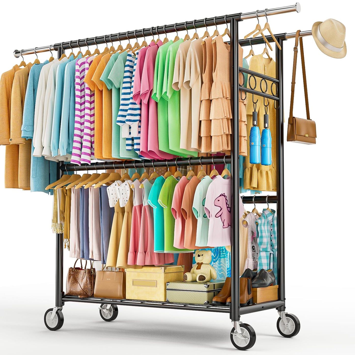 Heavy Duty Clothes Rack Load 960LBS, Three Rods Rolling Clothing Racks for Hanging Clothes, Rolling Garment Rack With Sturdy Wheels Shelves Hooks, Portable & Adjustable Commercial Garment Rack, Silver