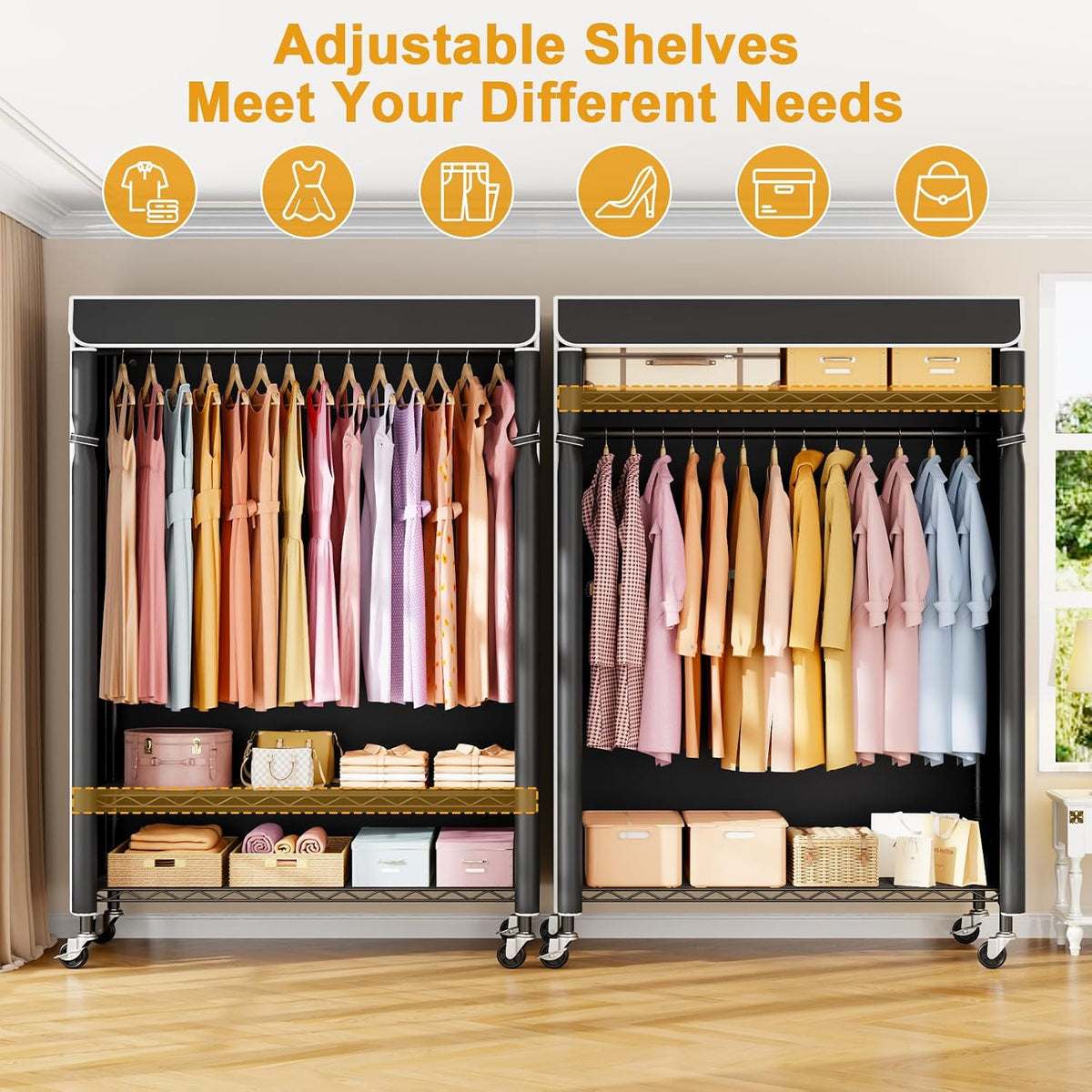ULIFHOME P6C Plus Rolling Clothes Rack with Cover, Covered Clothing Rack