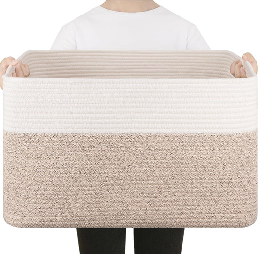 75L Large Cotton Rope Basket, Soft Toy Storage Bin for Nursery & Living Room, Decorative Blanket Basket for Bedroom, Baby-Safe Organizer for Pillows &Laundry, 22''×17''×12'', Brown and White