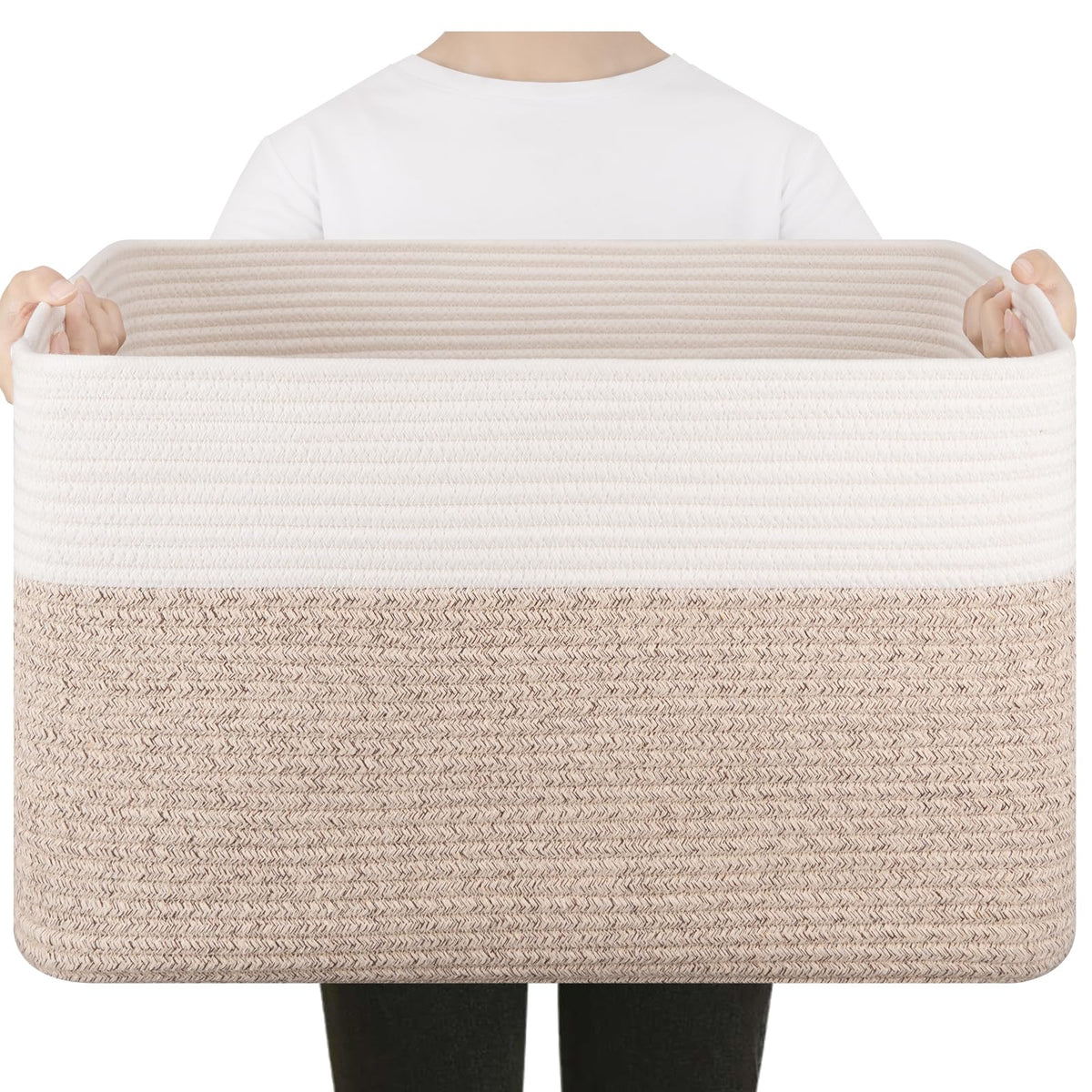 75L Large Cotton Rope Basket, Soft Toy Storage Bin for Nursery & Living Room, Decorative Blanket Basket for Bedroom, Baby-Safe Organizer for Pillows &Laundry, 22''×17''×12'', Brown and White