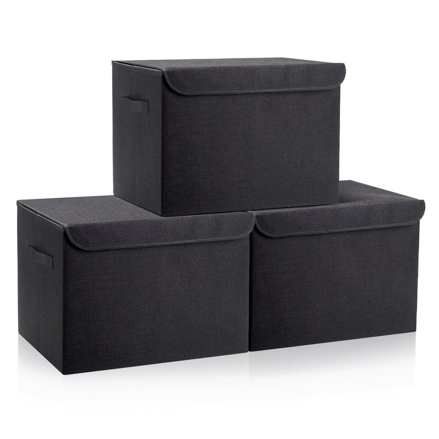 Bagnizer Large 22 Quart Linen Fabric Foldable Storage Bin Cube Organizer Basket with Flip-Top Lid & Handles, Clothes Blanket Box for Home, Office, Closet, Black, 4 Pack 14.6 x 9.5 x 9.5”