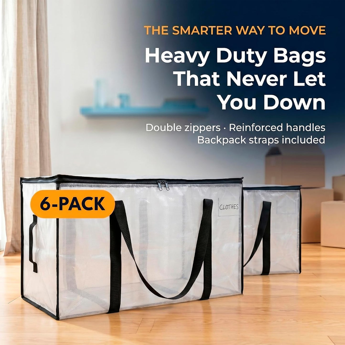 ClearSpace Heavy Duty Moving Bags - Water Resistant Storage Bags with Backpack Straps, Zippers and Handles - Large Moving Boxes for College Dorm, Travel, Closet Organization - 6 Pack, Clear