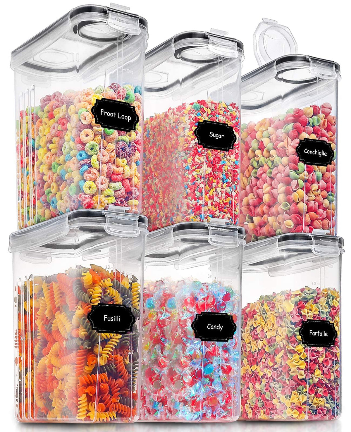 PRAKI Large Dry Food Storage Containers with Lids, 6PCS Airtight Cereal Containers Storage Set, Leak-proof Canister Set for Kitchen Pantry Organization with 20 Labels & Marker (4L Black)