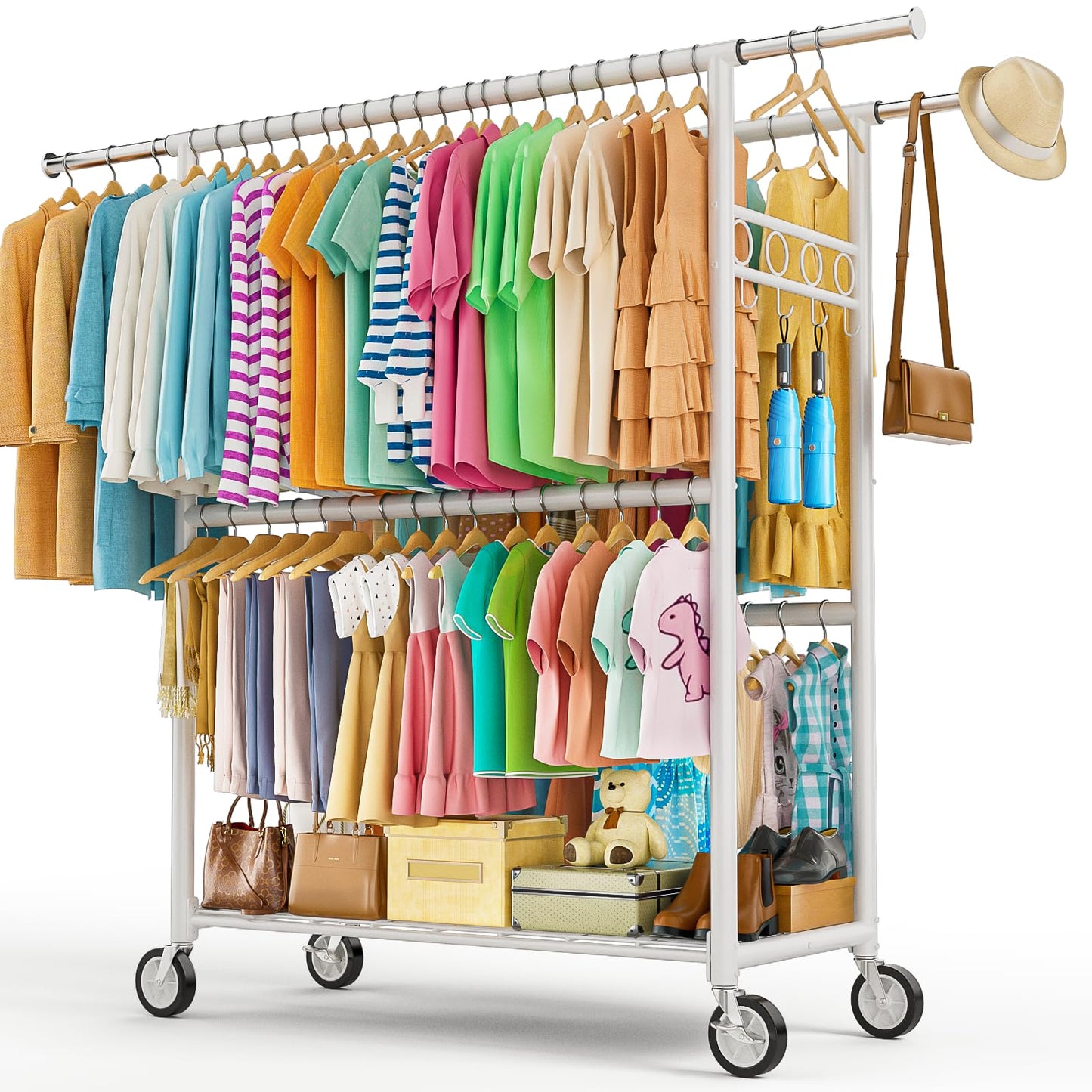 Heavy Duty Clothes Rack Load 960LBS, Three Rods Rolling Clothing Racks for Hanging Clothes, Rolling Garment Rack With Sturdy Wheels Shelves Hooks, Portable & Adjustable Commercial Garment Rack, Silver