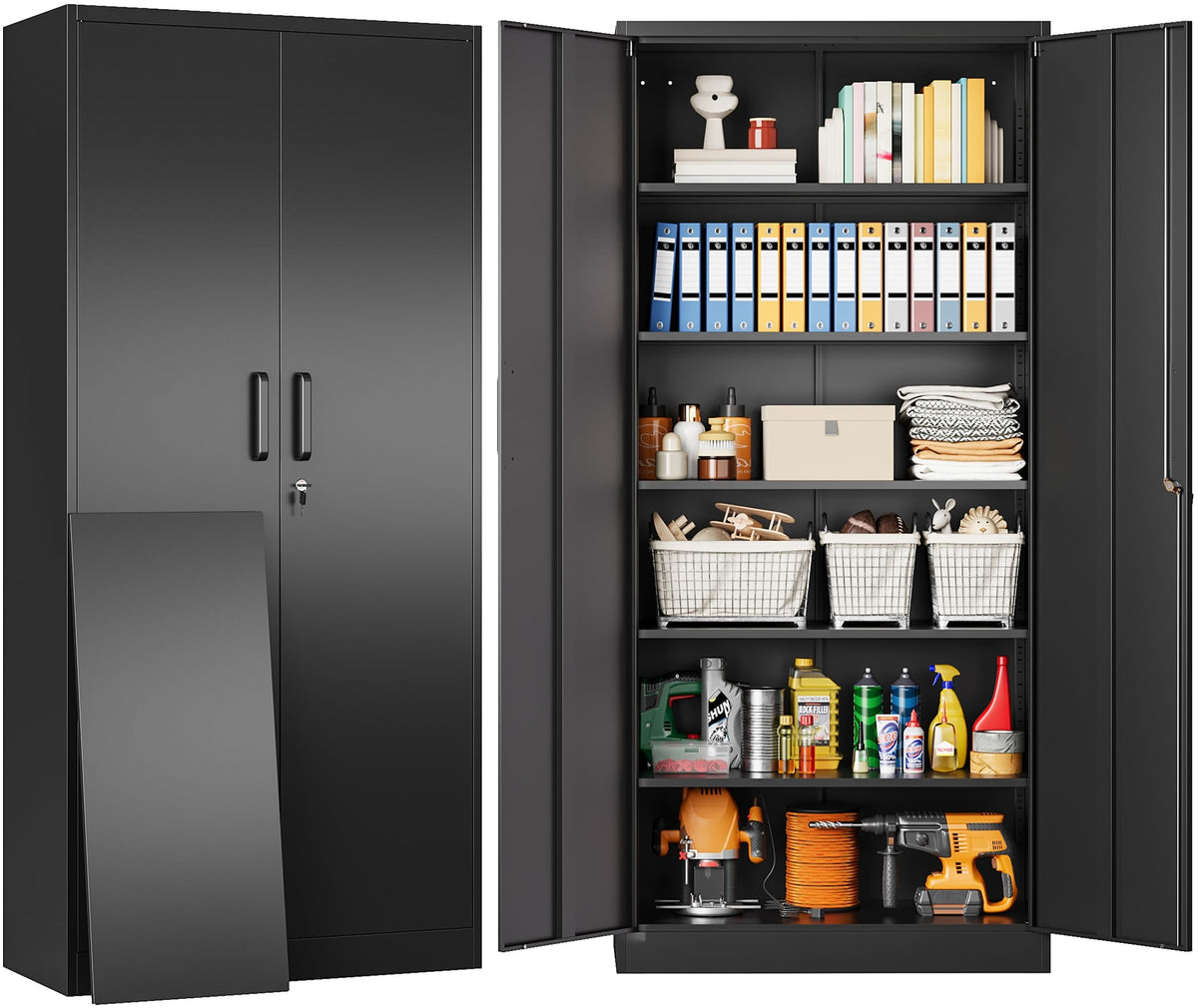 Wide & Deep Metal Storage Cabinet with Hanging Rod,Black Broom Closet Storage Cabinet with Lock,72" Tall Wardrobe Cabinets with Doors and Shelves,Locking Steel Tool Cabinets for Home,Office,Garage