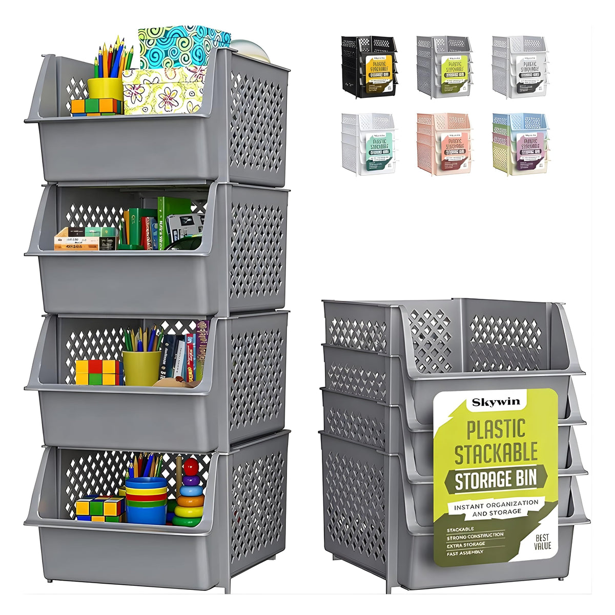 Skywin Stackable Storage Bins Open Front for Pantry Storage, 4 Pack - Multi