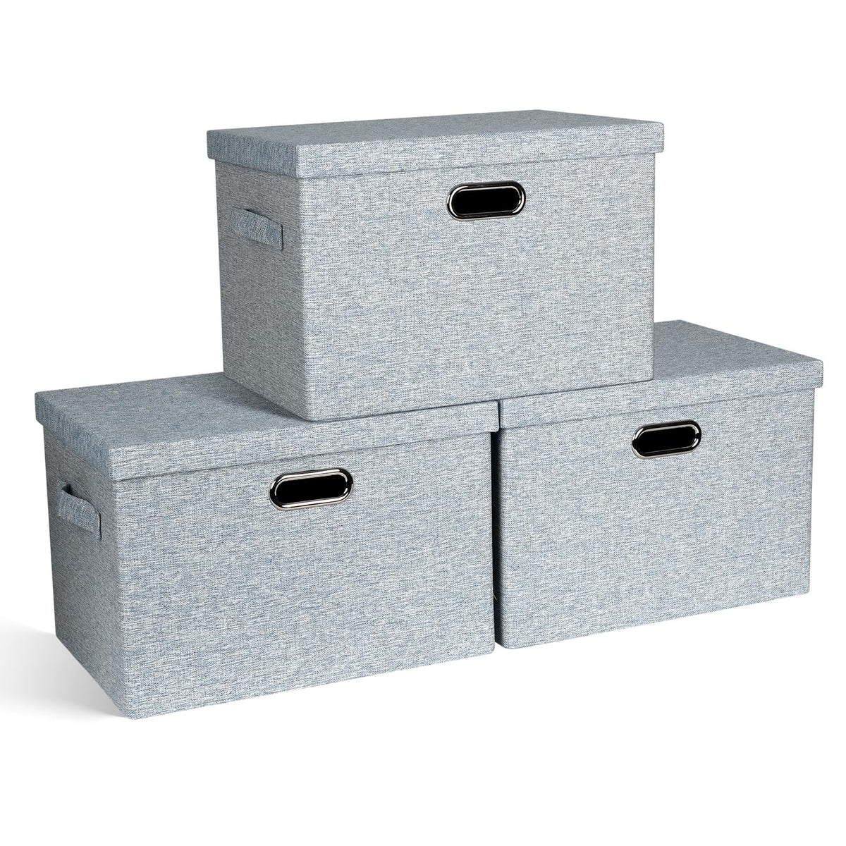 Graciadeco Large Quart Collapsible Stackable Storage Bins with Lids, 3 Packs Beige Linen Fabric Closet Boxes with Lids, Storage Cube Baskets Container Organizers for Bedroom Office(16.6 x 11.7 x 10.8)
