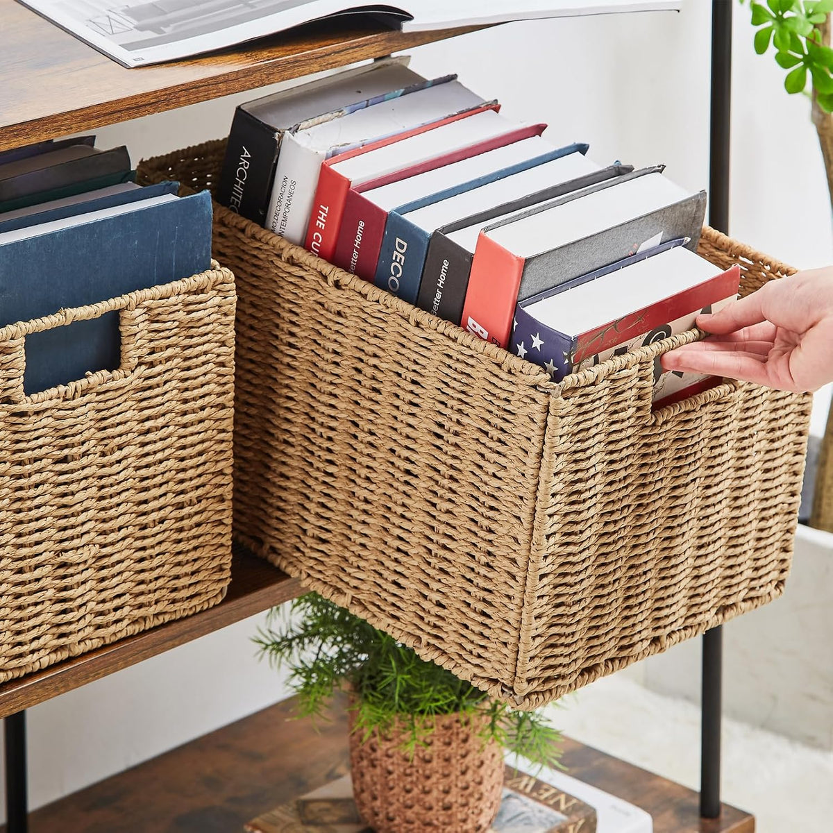 Vagusicc Wicker Storage Basket, Set of 2 Hand-Woven Paper Rope Wicker Basket, Small Storage Baskets for Organizing Toilet Paper Basket, Foldable Large Cube Storage Organizer Bins for Shelves (Natural)