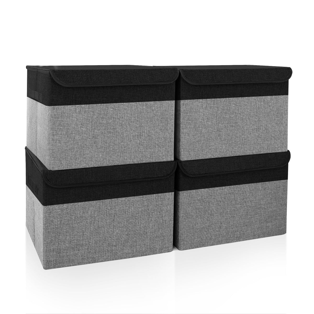Bagnizer Large 22 Quart Linen Fabric Foldable Storage Bin Cube Organizer Basket with Flip-Top Lid & Handles, Clothes Blanket Box for Home, Office, Closet, Black, 4 Pack 14.6 x 9.5 x 9.5”