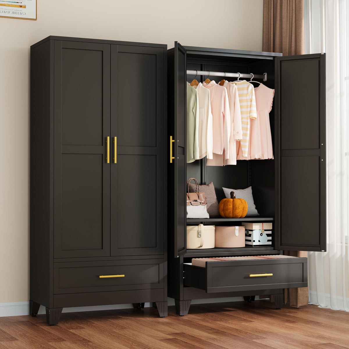 Metal Armoire Wardrobe Closet, 71" Clothing Storage Cabinet with Mirror