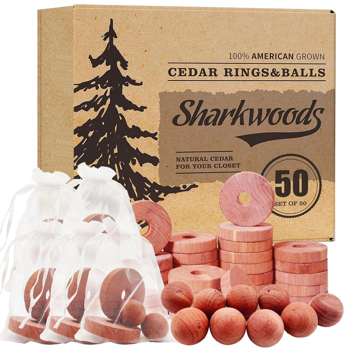 Cedar Blocks for Clothes Storage, 50 Pack, 30 Cedar Rings and 20 Balls