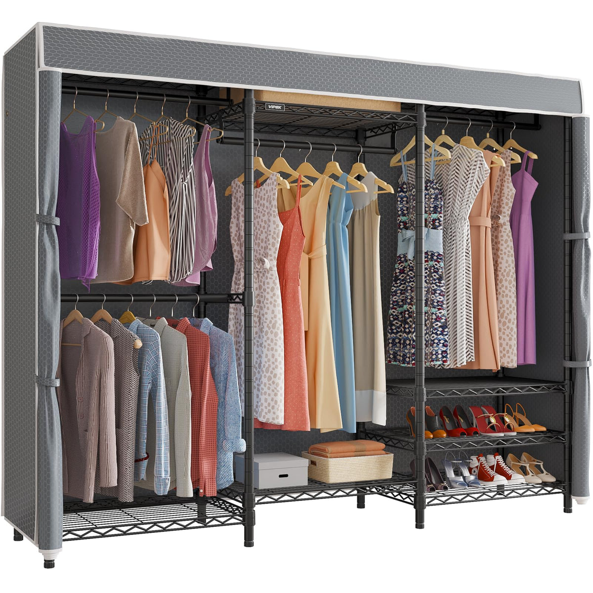 VIPEK V5C Heavy Duty Covered Clothes Rack Portable Closet Rack, Black Metal Clothing Rack with Black Upgarded Polyester Cover, Adjustable Custom Freestanding Closet Wardrobe, Max Load 800LBS